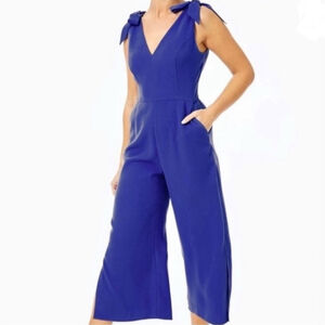 Lilly Pulitzer Blue V-Neck Cropped Jumpsuit Preppy Classic Wide Leg
